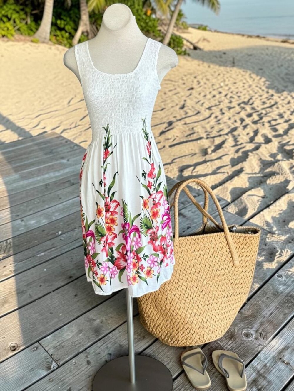 Hibiscus Collection Hawaiian Smocked Top Floral Summer Dress One Size